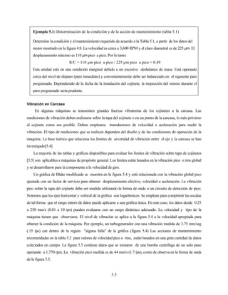 5.5
Ejemplo 5.1: Determinación de la condición y de la acción de mantenimiento (tabla 5.1)
Determine la condición y el mantenimiento requerido de acuerdo a la Tabla 5.1, a partir de los datos del
motor mostrado en la figura 4.8. La velocidad es cerca a 3,600 RPM y el claro diametral es de 225 µm. El
desplazamiento máximo es 110 µm pico a pico. Por lo tanto:
R/C = 110 µm pico a pico / 225 µm pico a pico = 0.49
Esta unidad está en una condición marginal debido a un excesivo desbalance de masa. Está operando
cerca del nivel de disparo (paro inmediato) y convenientemente debe ser balanceado en el siguiente paro
programado. Dependiendo de la fecha de la instalación del cojinete, la inspección del mismo durante el
paro programado sería prudente.
Vibración en Carcasa
En algunas máquinas se transmiten grandes fuerzas vibratorias de los cojinetes a la carcasa. Las
mediciones de vibración deben realizarse sobre la tapa del cojinete o en un punto de la carcasa, lo más próximo
al cojinete como sea posible. Deben emplearse transductores de velocidad o aceleración para medir la
vibración. El tipo de mediciones que se realicen dependen del diseño y de las condiciones de operación de la
máquina. La base teórica que relaciona los límites de severidad de vibración entre el eje y la carcasa se han
investigado[5.4]
La mayoría de las tablas y gráficas disponibles para evaluar los límites de vibración sobre tapa de cojinetes
[5.5] son aplicables a máquinas de propósito general. Los límites están basados en la vibración pico o rms global
y se desarrollaron para la componente a la velocidad de giro.
Un gráfica de Blake modificada se muestra en la figura 5.4 y está relacionada con la vibración global pico
ajustada con un factor de servicio para obtener desplazamiento efectivo, velocidad o aceleración. La vibración
pico sobre la tapa del cojinete debe ser medida utilizando la forma de onda o un circuito de detección de pico.
Notemos que los ejes horizontal y vertical de la gráfica son logarítmicos. Se emplean para comprimir las escalas
de tal forma que el rango entero de datos pueda aplicarse a una gráfica única. En este caso, los datos desde 0.25
a 250 mm/s (0.01 a 10 ips) pueden evaluarse con un rango dinámico adecuado. La velocidad y tipo de la
máquina tienen que observarse. El nivel de vibración se aplica a la figura 5.4 a la velocidad apropiada para
obtener la condición de la máquina. Por ejemplo, un turbogenerador con una vibración medida de 3.75 mm/seg
(.15 ips) cae dentro de la región "alguna falla" de la gráfica (figura 5.4) Las acciones de mantenimiento
recomendadas en la tabla 5.2 para valores de velocidad pico o rms, están basados en una gran cantidad de datos
colectados en campo. La figura 5.5 contiene datos que se tomaron de una bomba centrífuga de un solo paso
operando a 1,770 rpm. La vibración pico medida es de 44 mm/s (1.7 ips), como de observa en la forma de onda
de la figura 5.5.
 