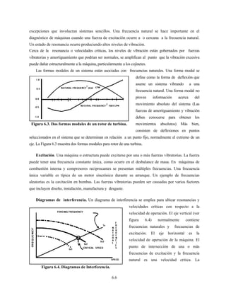 6.6
excepciones que involucran sistemas sencillos. Una frecuencia natural se hace importante en el
diagnóstico de máquinas cuando una fuerza de excitación ocurre a o cercana a la frecuencia natural.
Un estado de resonancia ocurre produciendo altos niveles de vibración.
Cerca de la resonancia o velocidades críticas, los niveles de vibración están gobernados por fuerzas
vibratorias y amortiguamiento que podrían ser normales, se amplifican al punto que la vibración excesiva
puede dañar estructuralmente a la máquina, particularmente a los cojinetes.
Las formas modales de un sistema están asociadas con frecuencias naturales. Una forma modal se
define como la forma de deflexión que
asume un sistema vibrando a una
frecuencia natural. Una forma modal no
provee información acerca del
movimiento absoluto del sistema (Las
fuerzas de amortiguamiento y vibración
deben conocerse para obtener los
movimientos absolutos) Más bien,
consisten de deflexiones en puntos
seleccionados en el sistema que se determinan en relación a un punto fijo, normalmente el extremo de un
eje. La Figura 6.3 muestra dos formas modales para rotor de una turbina.
Excitación. Una máquina o estructura puede excitarse por una o más fuerzas vibratorias. La fuerza
puede tener una frecuencia constante única, como ocurre en el desbalance de masa. En máquinas de
combustión interna y compresores reciprocantes se presentan múltiples frecuencias. Una frecuencia
única variable es típica de un motor sincrónico durante su arranque. Un ejemplo de frecuencias
aleatorias es la cavitación en bombas. Las fuerzas vibratorias pueden ser causadas por varios factores
que incluyen diseño, instalación, manufactura y desgaste.
Diagramas de interferencia. Un diagrama de interferencia se emplea para ubicar resonancias y
velocidades críticas con respecto a la
velocidad de operación. El eje vertical (ver
figura 6.4) normalmente contiene
frecuencias naturales y frecuencias de
excitación. El eje horizontal es la
velocidad de operación de la máquina. El
punto de intersección de una o más
frecuencias de excitación y la frecuencia
natural es una velocidad crítica. La
Figura 6.3. Dos formas modales de un rotor de turbina.
Figura 6.4. Diagramas de Interferencia.
 
