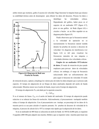 6.9
ambos tienen que montarse, grabe el ascenso de velocidad. Haga funcionar la máquina hasta que alcance
su estabilidad térmica antes de desenergizar para obtener los datos del descenso. Procese los datos e
identifique las velocidades críticas.
Dependiendo del gráfico, habrá picos en el
espectro de un analizador FFT (figura 6.7),
picos en una gráfica de Bode (figura 6.8) o
círculos o bucles en un filtro seguidor en un
diagrama polar (figura 6.9)
Puede observarse que la frecuencia natural
a la velocidad de operación no es
necesariamente la frecuencia natural medida
durante las pruebas de ascenso o descenso de
velocidad. Un diagrama de interferencia (ver
figura 6.4) es útil para visualizar las
frecuencias naturales de una máquina a
velocidades distintas a las velocidades críticas.
Empleo de un analizador FFT/colector
de datos. El modo de retención de pico puede
emplearse para proveer datos de velocidades
críticas; sin embargo, el rango de frecuencia
seleccionado debe ser suficientemente alto
para seguir el descenso de velocidad. El modo
de retención de pico, captura y despliega los valores pico de todos los datos después que se procesa cada
espectro. El tiempo de adquisición de un bloque de datos analizados depende del ancho de banda
seleccionado. Mientras menor sea el ancho de banda, mayor será el tiempo de adquisición.
El tiempo de adquisición Ts, está dado por la siguiente ecuación:
Ts = N/Fmax
N es el número de líneas. Fmax es el ancho de banda del analizador. El tiempo de adquisición puede
reducirse si se reducen las líneas de resolución. Adicionalmente, el procesamiento traslapado también
reduce el tiempo de adquisición. Con el procesamiento con traslape, un porcentaje de los datos de la
muestra previa se usa para calcular el espectro presente. En pruebas de descenso de velocidad de la
máquina, el proceso de cálculo de la FFT es siempre más rápido que la adquisición de los datos.
Si en un analizador de 400 líneas se selecciona un ancho de banda de 100 Hz (6,000 cpm), se requieren
4 segundos (400/100) para adquirir una muestra. Debido a que se requieren varias muestras para trazar una
Figura 6.8. Diagrama de Bodé una
Prueba de Parada.
 