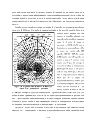 6.10
curva suave durante una prueba de ascenso o descenso de velocidad, sin que existan huecos en la
información, el ancho de banda del analizador debe evaluarse cuidadosamente antes de colectar los datos. La
resolución se pierde si se selecciona un ancho de banda de rango amplio. Por otro lado, un ancho de banda
angosto puede impedir la observación de alguna velocidad crítica debido a que el tiempo de adquisición es
excesivo.
Consideremos, por ejemplo, un arranque con duración de 12 segundos para un motor de dos polos que
opera cerca de 3,600 rpm. Si el ancho de banda del analizador se fija en 6,000 cpm (100 Hz) y si se
requieren cuatro segundos para cada
muestra, se obtendrán solamente tres
puntos, lo cual es insuficiente para trazar
curva. Si el ancho de banda se
incrementa a 400 Hz (24,000 cpm) y
disminuimos el número de líneas a 100,
se tomará una muestra cada 0.25
segundos (100/400 = 0.25) Un periodo
de 12 segundos entre 0.25 segundos por
muestra es igual a 48 muestras, o una
muestra cada 75 rpm. Sin embargo, la
resolución se reduce a incrementos de
24,000 cpm/100 líneas, o 240 rpm lo
cual nos arroja 3,600 rpm, o 15 datos
entre el rango de frecuencias entre 0 y
3,600 rpm. Si se emplea un
procesamiento traslapado del 80%, esto
es, solamente se adquiere 20% de datos
nuevos, con una resolución de 200
líneas y un ancho de banda de 200 Hz
(12,000 cpm) el tiempo de adquisición resultante es de 0.2 segundos (200 líneas / 200 Hz x(1-0.8)= 0.2) El
número de puntos capturados ahora es de 60 con una separación de aproximadamente 60 rpm entre cada
uno. La gráfica resultante tendrá una resolución de 60 cpm la cual puede ser adecuada. Debemos tomar en
cuenta que la pequeña cantidad de datos capturados para el cálculo de cada espectro (en modo pico) puede
ser insuficiente. Bajo estas circunstancias, es preferible emplea r un filtro seguidor.
La figura 6.7 muestra datos de descenso de velocidad de una turbina de vapor capturados con un
analizador FFT. En este ejemplo, el descenso y arranque requirieron de un tiempo considerable de tal
Figura 6.9. Diagrama Polar de Prueba de Arranque
Tomado en el Cojinete de un Generador.
 