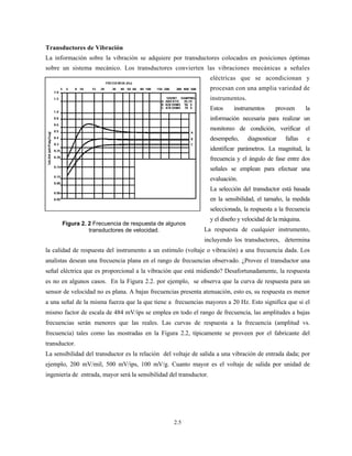 2.5
Transductores de Vibración
La información sobre la vibración se adquiere por transductores colocados en posiciones óptimas
sobre un sistema mecánico. Los transductores convierten las vibraciones mecánicas a señales
eléctricas que se acondicionan y
procesan con una amplia variedad de
instrumentos.
Estos instrumentos proveen la
información necesaria para realizar un
monitoreo de condición, verificar el
desempeño, diagnosticar fallas e
identificar parámetros. La magnitud, la
frecuencia y el ángulo de fase entre dos
señales se emplean para efectuar una
evaluación.
La selección del transductor está basada
en la sensibilidad, el tamaño, la medida
seleccionada, la respuesta a la frecuencia
y el diseño y velocidad de la máquina.
La respuesta de cualquier instrumento,
incluyendo los transductores, determina
la calidad de respuesta del instrumento a un estímulo (voltaje o vibración) a una frecuencia dada. Los
analistas desean una frecuencia plana en el rango de frecuencias observado. ¿Provee el transductor una
señal eléctrica que es proporcional a la vibración que está midiendo? Desafortunadamente, la respuesta
es no en algunos casos. En la Figura 2.2. por ejemplo, se observa que la curva de respuesta para un
sensor de velocidad no es plana. A bajas frecuencias presenta atenuación, esto es, su respuesta es menor
a una señal de la misma fuerza que la que tiene a frecuencias mayores a 20 Hz. Esto significa que si el
mismo factor de escala de 484 mV/ips se emplea en todo el rango de frecuencia, las amplitudes a bajas
frecuencias serán menores que las reales. Las curvas de respuesta a la frecuencia (amplitud vs.
frecuencia) tales como las mostradas en la Figura 2.2, típicamente se proveen por el fabricante del
transductor.
La sensibilidad del transductor es la relación del voltaje de salida a una vibración de entrada dada; por
ejemplo, 200 mV/mil, 500 mV/ips, 100 mV/g. Cuanto mayor es el voltaje de salida por unidad de
ingeniería de entrada, mayor será la sensibilidad del transductor.
Figura 2. 2 Frecuencia de respuesta de algunos
transductores de velocidad.
 