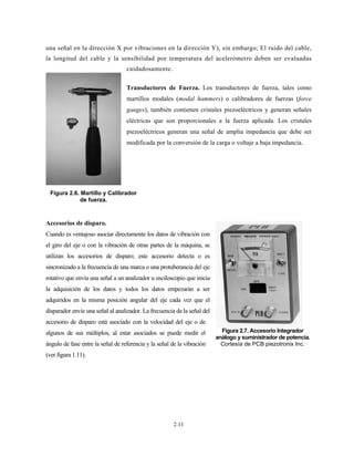 una señ
la longi
Accesor
Cuando
el giro d
utilizan
sincroniz
rotativo q
la adqui
adquirido
disparado
accesorio
algunos
ángulo d
(ver figur
Figura
ñal en la dire
itud del cab
rios de dispar
es ventajoso a
del eje o con l
los accesorio
zado a la frecu
que envía una
isición de los
os en la mism
or envíe una se
o de disparo e
de sus múltip
de fase entre la
ura 1.11).
a 2.6. Martillo
de fuer
ección X por
ble y la sens
cu
Tr
ma
ga
elé
pie
mo
ro.
asociar directam
la vibración de
os de disparo
uencia de una m
señal a un ana
s datos y tod
ma posición a
eñal al analizad
está asociado
plos, al estar
a señal de refer
o y Calibrado
rza.
r vibraciones
sibilidad por
uidadosamen
ransductores
artillos moda
auges), tambi
éctricas que
ezoeléctricos
odificada por
mente los dato
e otras partes
o; este acceso
marca o una pr
alizador u oscil
dos los datos
angular del eje
dor. La frecuen
con la velocid
asociados se
rencia y la seña
or
2.11
s en la direcc
r temperatur
nte.
s de Fuerza.
ales (modal h
én contienen
son proporci
generan una
la conversión
os de vibración
de la máquin
orio detecta o
rotuberancia de
loscopio que in
empezarán a
e cada vez qu
ncia de la seña
dad del eje o
puede medir
al de la vibraci
ción Y), sin
ra del aceler
. Los transdu
hammers) o
n cristales pie
ionales a la
a señal de am
n de la carga
n con
na, se
o es
el eje
nicia
a ser
ue el
al del
de
r el
ión
Figu
análog
Cort
embargo; El
rómetro deb
uctores de fu
calibradores
ezoeléctricos
fuerza aplic
mplia impeda
o voltaje a ba
ura 2.7. Acces
go y suministr
tesía de PCB
l ruido del c
en ser evalu
fuerza, tales c
de fuerzas (f
y generan se
ada. Los cri
ancia que deb
aja impedanci
sorio Integrad
rador de pote
piezotronix In
cable,
uadas
como
(force
eñales
stales
be ser
ia.
dor
encia.
nc.
 