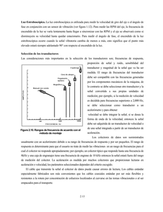 2.13
Luz Estroboscópica. La luz estroboscópica es utilizada para medir la velocidad de giro del eje o el ángulo de
fase en conjunción con un sensor de vibración (ver figura 1.12). Para medir las RPM del eje, la frecuencia de
encendido de la luz se varía lentamente hasta llegar a sincronizar con las RPM y el eje se observará como si
disminuyera su velocidad hasta quedar estacionario. Para medir el ángulo de fase, el encendido de la luz
estroboscópica ocurre cuando la señal vibratoria cambia de menos a más, esto significa que el punto más
elevado estará siempre adelantado 90° con respecto al encendido de la luz.
Selección de los transductores
Las consideraciones más importantes en la selección de los transductores son; frecuencias de respuesta,
proporción de señal y ruido, sensibilidad del
transductor y magnitud de la señal que va ha ser
medida. El rango de frecuencias del transductor
debe ser compatible con las frecuencias generadas
por los componentes mecánicos de la máquina, de
lo contrario se debe seleccionar otro transductor y la
señal convertida a sus propias unidades de
medición; por ejemplo, si la medición de velocidad
es decidida para frecuencias superiores a 2,000 Hz,
se debe seleccionar como transductor a un
acelerómetro y para obtener
velocidad se debe integrar la señal; si se desea la
forma de onda de la velocidad, entonces la señal
debe ser adquirida de un transductor de velocidad o
de una señal integrada a partir de un transductor de
aceleración.
Los colectores de datos son suministrados
usualmente con un acelerómetro debido a su rango de frecuencias de respuesta y por ser pequeños. El rango de
respuesta es determinante para que el usuario no trate de medir las vibraciones en un rango de frecuencias para el
cual el colector no responde apropiadamente; por ejemplo, un colector típico que responde hasta una frecuencia de
8kHz y una caja de engranajes tiene una frecuencia de engrane de 10 kHz entonces la señal estará fuera del rango
de medición del colector. La aceleración es medida por muchos colectores que proporcionan lecturas en
aceleración o velocidad, los parámetros seleccionados dependen del criterio escogido.
El cable que transmite la señal al colector de datos puede causar errores de lectura; Los cables estándar
especialmente fabricados son más convenientes que los cables coaxiales estándar por ser más flexibles y
resistentes a la rotura por concentración de esfuerzos localizados al curvarse en las tomas vibracionales o al ser
empacados para el transporte.
Figura 2.10. Rangos de frecuencia de acuerdo con el
método de montaje
 