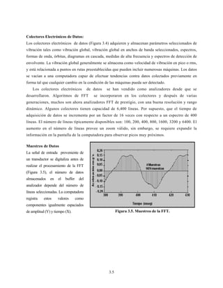 3.5
Colectores Electrónicos de Datos:
Los colectores electrónicos de datos (Figura 3.4) adquieren y almacenan parámetros seleccionados de
vibración tales como vibración global, vibración global en anchos de banda seleccionados, espectros,
formas de onda, órbitas, diagramas en cascada, medidas de alta frecuencia y espectros de detección de
envolvente. La vibración global generalmente se almacena como velocidad de vibración en pico o rms,
y está relacionada a puntos en rutas preestablecidas que pueden incluir numerosas máquinas. Los datos
se vacían a una computadora capaz de efectuar tendencias contra datos colectados previamente en
forma tal que cualquier cambio en la condición de las máquinas pueda ser detectado.
Los colectores electrónicos de datos se han vendido como analizadores desde que se
desarrollaron. Algoritmos de FFT se incorporaron en los colectores y después de varias
generaciones, muchos son ahora analizadores FFT de prestigio, con una buena resolución y rango
dinámico. Algunos colectores tienen capacidad de 6,400 líneas. Por supuesto, que el tiempo de
adquisición de datos se incrementa por un factor de 16 veces con respecto a un espectro de 400
líneas. El número de líneas típicamente disponibles son: 100, 200, 400, 800, 1600, 3200 y 6400. El
aumento en el número de líneas provee un zoom válido, sin embargo, se requiere expandir la
información en la pantalla de la computadora para observar picos muy próximos.
Muestreo de Datos
La señal de entrada proveniente de
un transductor se digitaliza antes de
realizar el procesamiento de la FFT
(Figura 3.5), el número de datos
almacenados en el buffer del
analizador depende del número de
líneas seleccionadas. La computadora
registra estos valores como
componentes igualmente espaciados
de amplitud (Y) y tiempo (X). Figura 3.5. Muestreo de la FFT.
 