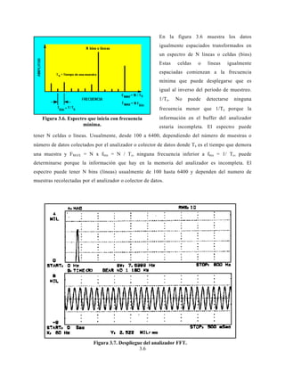 3.6
En la figura 3.6 muestra los datos
igualmente espaciados transformados en
un espectro de N líneas o celdas (bins)
Estas celdas o líneas igualmente
espaciadas comienzan a la frecuencia
mínima que puede desplegarse que es
igual al inverso del periodo de muestreo.
1/Ts. No puede detectarse ninguna
frecuencia menor que 1/Ts porque la
información en el buffer del analizador
estaría incompleta. El espectro puede
tener N celdas o líneas. Usualmente, desde 100 a 6400, dependiendo del número de muestras o
número de datos colectados por el analizador o colector de datos donde Ts es el tiempo que demora
una muestra y FMAX = N x fbin = N / Ts, ninguna frecuencia inferior a fbin = 1/ Ts, puede
determinarse porque la información que hay en la memoria del analizador es incompleta. El
espectro puede tener N bins (líneas) usualmente de 100 hasta 6400 y dependen del numero de
muestras recolectadas por el analizador o colector de datos.
Figura 3.6. Espectro que inicia con frecuencia
mínima.
Figura 3.7. Despliegue del analizador FFT.
 