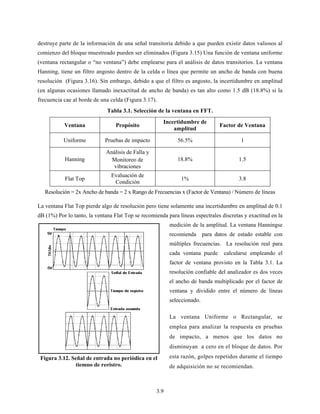 3.9
destruye parte de la información de una señal transitoria debido a que pueden existir datos valiosos al
comienzo del bloque muestreado pueden ser eliminados (Figura 3.15) Una función de ventana uniforme
(ventana rectangular o “no ventana”) debe emplearse para el análisis de datos transitorios. La ventana
Hanning, tiene un filtro angosto dentro de la celda o línea que permite un ancho de banda con buena
resolución (Figura 3.16). Sin embargo, debido a que el filtro es angosto, la incertidumbre en amplitud
(en algunas ocasiones llamado inexactitud de ancho de banda) es tan alto como 1.5 dB (18.8%) si la
frecuencia cae al borde de una celda (Figura 3.17).
Tabla 3.1. Selección de la ventana en FFT.
Ventana Propósito
Incertidumbre de
amplitud
Factor de Ventana
Uniforme Pruebas de impacto 56.5% 1
Hanning
Análisis de Falla y
Monitoreo de
vibraciones
18.8% 1.5
Flat Top
Evaluación de
Condición
1% 3.8
Resolución = 2x Ancho de banda = 2 x Rango de Frecuencias x (Factor de Ventana) / Número de líneas
La ventana Flat Top pierde algo de resolución pero tiene solamente una incertidumbre en amplitud de 0.1
dB (1%) Por lo tanto, la ventana Flat Top se recomienda para líneas espectrales discretas y exactitud en la
medición de la amplitud. La ventana Hanningse
recomienda para datos de estado estable con
múltiples frecuencias. La resolución real para
cada ventana puede calcularse empleando el
factor de ventana provisto en la Tabla 3.1. La
resolución confiable del analizador es dos veces
el ancho de banda multiplicado por el factor de
ventana y dividido entre el número de líneas
seleccionado.
La ventana Uniforme o Rectangular, se
emplea para analizar la respuesta en pruebas
de impacto, a menos que los datos no
disminuyan a cero en el bloque de datos. Por
esta razón, golpes repetidos durante el tiempo
de adquisición no se recomiendan.
Figura 3.12. Señal de entrada no periódica en el
tiempo de registro.
 