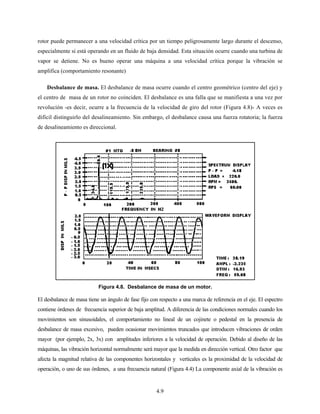4.9
rotor puede permanecer a una velocidad crítica por un tiempo peligrosamente largo durante el descenso,
especialmente si está operando en un fluido de baja densidad. Esta situación ocurre cuando una turbina de
vapor se detiene. No es bueno operar una máquina a una velocidad crítica porque la vibración se
amplifica (comportamiento resonante)
Desbalance de masa. El desbalance de masa ocurre cuando el centro geométrico (centro del eje) y
el centro de masa de un rotor no coinciden. El desbalance es una falla que se manifiesta a una vez por
revolución -es decir, ocurre a la frecuencia de la velocidad de giro del rotor (Figura 4.8)- A veces es
difícil distinguirlo del desalineamiento. Sin embargo, el desbalance causa una fuerza rotatoria; la fuerza
de desalineamiento es direccional.
El desbalance de masa tiene un ángulo de fase fijo con respecto a una marca de referencia en el eje. El espectro
contiene órdenes de frecuencia superior de baja amplitud. A diferencia de las condiciones normales cuando los
movimientos son sinusoidales, el comportamiento no lineal de un cojinete o pedestal en la presencia de
desbalance de masa excesivo, pueden ocasionar movimientos truncados que introducen vibraciones de orden
mayor (por ejemplo, 2x, 3x) con amplitudes inferiores a la velocidad de operación. Debido al diseño de las
máquinas, las vibración horizontal normalmente será mayor que la medida en dirección vertical. Otro factor que
afecta la magnitud relativa de las componentes horizontales y verticales es la proximidad de la velocidad de
operación, o uno de sus órdenes, a una frecuencia natural (Figura 4.4) La componente axial de la vibración es
Figura 4.8. Desbalance de masa de un motor.
 