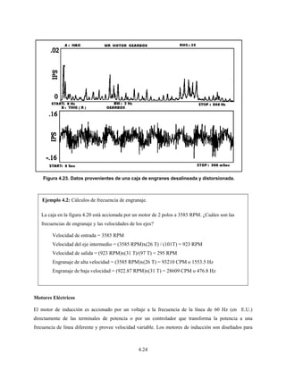4.24
Ejemplo 4.2: Cálculos de frecuencia de engranaje.
La caja en la figura 4.20 está accionada por un motor de 2 polos a 3585 RPM. ¿Cuáles son las
frecuencias de engranaje y las velocidades de los ejes?
Velocidad de entrada = 3585 RPM
Velocidad del eje intermedio = (3585 RPM)x(26 T) / (101T) = 923 RPM
Velocidad de salida = (923 RPM)x(31 T)/(97 T) = 295 RPM
Engranaje de alta velocidad = (3585 RPM)x(26 T) = 93210 CPM o 1553.5 Hz
Engranaje de baja velocidad = (922.87 RPM)x(31 T) = 28609 CPM o 476.8 Hz
Motores Eléctricos
El motor de inducción es accionado por un voltaje a la frecuencia de la línea de 60 Hz (en E.U.)
directamente de las terminales de potencia o por un controlador que transforma la potencia a una
frecuencia de línea diferente y provee velocidad variable. Los motores de inducción son diseñados para
Figura 4.23. Datos provenientes de una caja de engranes desalineada y distorsionada.
 