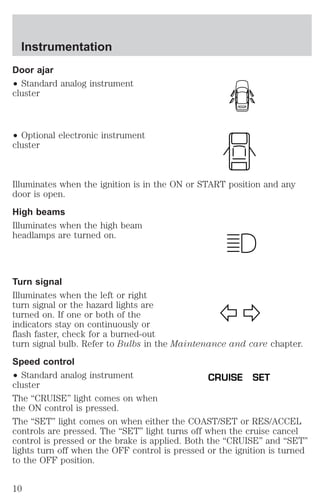 Door ajar 
² Standard analog instrument 
cluster 
² Optional electronic instrument 
cluster 
Illuminates when the ignition is in the ON or START position and any 
door is open. 
High beams 
Illuminates when the high beam 
headlamps are turned on. 
Turn signal 
Illuminates when the left or right 
turn signal or the hazard lights are 
turned on. If one or both of the 
indicators stay on continuously or 
flash faster, check for a burned-out 
turn signal bulb. Refer to Bulbs in the Maintenance and care chapter. 
Speed control 
² Standard analog instrument 
CRUISE SET 
cluster 
The “CRUISE” light comes on when 
the ON control is pressed. 
The “SET” light comes on when either the COAST/SET or RES/ACCEL 
controls are pressed. The “SET” light turns off when the cruise cancel 
control is pressed or the brake is applied. Both the “CRUISE” and “SET” 
lights turn off when the OFF control is pressed or the ignition is turned 
to the OFF position. 
Instrumentation 
10 
 