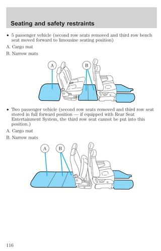 Seating and safety restraints 
² 5 passenger vehicle (second row seats removed and third row bench 
seat moved forward to limousine seating position) 
A. Cargo mat 
B. Narrow mats 
² Two passenger vehicle (second row seats removed and third row seat 
stored in full forward position — if equipped with Rear Seat 
Entertainment System, the third row seat cannot be put into this 
position.) 
A. Cargo mat 
B. Narrow mats 
A B 
A B 
116 
 