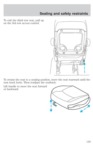 Seating and safety restraints 
To exit the third row seat, pull up 
on the 3rd row access control. 
To return the seat to a seating position, move the seat rearward until the 
seat track locks. Then readjust the seatback. 
Lift handle to move the seat forward 
or backward. 
119 
 
