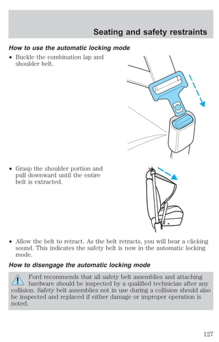 Seating and safety restraints 
How to use the automatic locking mode 
² Buckle the combination lap and 
shoulder belt. 
² Grasp the shoulder portion and 
pull downward until the entire 
belt is extracted. 
² Allow the belt to retract. As the belt retracts, you will hear a clicking 
sound. This indicates the safety belt is now in the automatic locking 
mode. 
How to disengage the automatic locking mode 
Ford recommends that all safety belt assemblies and attaching 
hardware should be inspected by a qualified technician after any 
collision. Safety belt assemblies not in use during a collision should also 
be inspected and replaced if either damage or improper operation is 
noted. 
127 
 