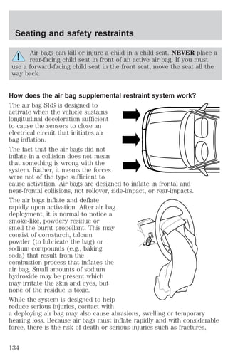 Seating and safety restraints 
Air bags can kill or injure a child in a child seat. NEVER place a 
rear-facing child seat in front of an active air bag. If you must 
use a forward-facing child seat in the front seat, move the seat all the 
way back. 
How does the air bag supplemental restraint system work? 
The air bag SRS is designed to 
activate when the vehicle sustains 
longitudinal deceleration sufficient 
to cause the sensors to close an 
electrical circuit that initiates air 
bag inflation. 
The fact that the air bags did not 
inflate in a collision does not mean 
that something is wrong with the 
system. Rather, it means the forces 
were not of the type sufficient to 
cause activation. Air bags are designed to inflate in frontal and 
near-frontal collisions, not rollover, side-impact, or rear-impacts. 
The air bags inflate and deflate 
rapidly upon activation. After air bag 
deployment, it is normal to notice a 
smoke-like, powdery residue or 
smell the burnt propellant. This may 
consist of cornstarch, talcum 
powder (to lubricate the bag) or 
sodium compounds (e.g., baking 
soda) that result from the 
combustion process that inflates the 
air bag. Small amounts of sodium 
hydroxide may be present which 
may irritate the skin and eyes, but 
none of the residue is toxic. 
While the system is designed to help 
reduce serious injuries, contact with 
a deploying air bag may also cause abrasions, swelling or temporary 
hearing loss. Because air bags must inflate rapidly and with considerable 
force, there is the risk of death or serious injuries such as fractures, 
134 
 