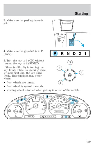 3. Make sure the parking brake is 
set. 
4. Make sure the gearshift is in P 
(Park). 
PUSH 
TO 
RELEASE 
P R N D 2 1 
5. Turn the key to 3 (ON) without 
turning the key to 4 (START). 
If there is difficulty in turning the 
key, firmly rotate the steering wheel 
left and right until the key turns 
freely. This condition may occur 
when: 
² front wheels are turned 
² front wheel is against the curb 
² steering wheel is turned when getting in or out of the vehicle 
4 
3 
2 
1 
40 
30 
20 
10 
50 60 
70 
80 
40 
90 
100 MPH 
0 km/h 
TRIP A 
RPM x 1000 
20 
60 
80 100 
120 
140 
160 
1 
2 
0 
3 4 5 
6 
7 
8 
H F 
C E 
CRUISE SET P R N D 2 1 
Starting 
149 
 