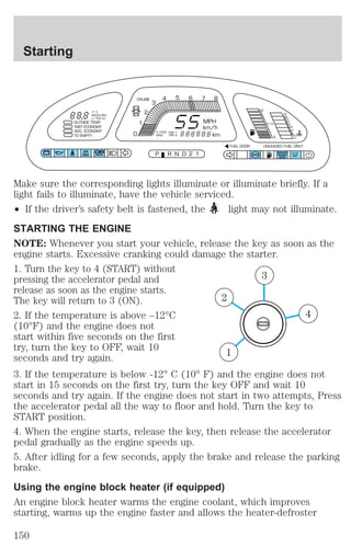 °F °C 
MILES/BAL 
L/100 km 
OUTSIDE TEMP 
INST ECONOMY 
AVG. ECONOMY 
TO EMPTY 
F 
1 
2 
3 
4 5 6 7 8 
X 1000 
RPM 
0 L 
E 
H 
C 
1/2 
N 
O 
R 
M 
A 
FUEL DOOR UNLEADED FUEL ONLY 
CRUISE 
MPH 
km/h 
km 
TRIP 1 
TRIP 2 
AIR 
BAG O/D 
SERVICE 
ENGINE 
SOON 
ABS 
OFF 
P RN D21 
! P 
BRAKE 
Make sure the corresponding lights illuminate or illuminate briefly. If a 
light fails to illuminate, have the vehicle serviced. 
² If the driver’s safety belt is fastened, the light may not illuminate. 
STARTING THE ENGINE 
NOTE: Whenever you start your vehicle, release the key as soon as the 
engine starts. Excessive cranking could damage the starter. 
1. Turn the key to 4 (START) without 
pressing the accelerator pedal and 
3 
release as soon as the engine starts. 
The key will return to 3 (ON). 
2 
2. If the temperature is above –12°C 
4 
(10°F) and the engine does not 
start within five seconds on the first 
try, turn the key to OFF, wait 10 
seconds and try again. 
1 
3. If the temperature is below -12° C (10° F) and the engine does not 
start in 15 seconds on the first try, turn the key OFF and wait 10 
seconds and try again. If the engine does not start in two attempts, Press 
the accelerator pedal all the way to floor and hold. Turn the key to 
START position. 
4. When the engine starts, release the key, then release the accelerator 
pedal gradually as the engine speeds up. 
5. After idling for a few seconds, apply the brake and release the parking 
brake. 
Using the engine block heater (if equipped) 
An engine block heater warms the engine coolant, which improves 
starting, warms up the engine faster and allows the heater-defroster 
Starting 
150 
 