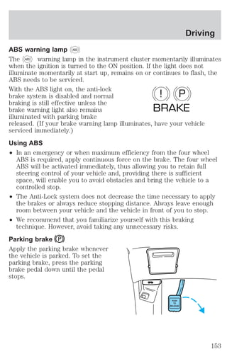 ABS warning lamp ABS 
The ABS warning lamp in the instrument cluster momentarily illuminates 
when the ignition is turned to the ON position. If the light does not 
illuminate momentarily at start up, remains on or continues to flash, the 
ABS needs to be serviced. 
With the ABS light on, the anti-lock 
brake system is disabled and normal 
! P 
braking is still effective unless the 
brake warning light also remains 
BRAKE 
illuminated with parking brake 
released. (If your brake warning lamp illuminates, have your vehicle 
serviced immediately.) 
Using ABS 
² In an emergency or when maximum efficiency from the four wheel 
ABS is required, apply continuous force on the brake. The four wheel 
ABS will be activated immediately, thus allowing you to retain full 
steering control of your vehicle and, providing there is sufficient 
space, will enable you to avoid obstacles and bring the vehicle to a 
controlled stop. 
² The Anti-Lock system does not decrease the time necessary to apply 
the brakes or always reduce stopping distance. Always leave enough 
room between your vehicle and the vehicle in front of you to stop. 
² We recommend that you familiarize yourself with this braking 
technique. However, avoid taking any unnecessary risks. 
Parking brake 
Apply the parking brake whenever 
the vehicle is parked. To set the 
parking brake, press the parking 
brake pedal down until the pedal 
stops. 
PUSH 
TO 
RELEASE 
Driving 
153 
 