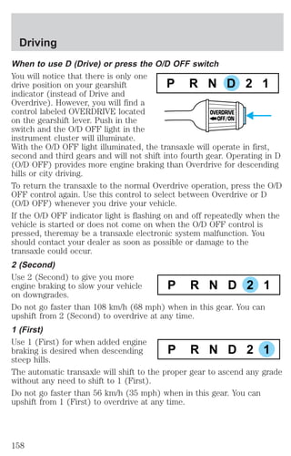 When to use D (Drive) or press the O/D OFF switch 
You will notice that there is only one 
drive position on your gearshift 
P R N D 2 1 
indicator (instead of Drive and 
Overdrive). However, you will find a 
control labeled OVERDRIVE located 
OVERDRIVE 
on the gearshift lever. Push in the 
OFF/ON 
switch and the O/D OFF light in the 
instrument cluster will illuminate. 
With the O/D OFF light illuminated, the transaxle will operate in first, 
second and third gears and will not shift into fourth gear. Operating in D 
(O/D OFF) provides more engine braking than Overdrive for descending 
hills or city driving. 
To return the transaxle to the normal Overdrive operation, press the O/D 
OFF control again. Use this control to select between Overdrive or D 
(O/D OFF) whenever you drive your vehicle. 
If the O/D OFF indicator light is flashing on and off repeatedly when the 
vehicle is started or does not come on when the O/D OFF control is 
pressed, theremay be a transaxle electronic system malfunction. You 
should contact your dealer as soon as possible or damage to the 
transaxle could occur. 
2 (Second) 
Use 2 (Second) to give you more 
engine braking to slow your vehicle 
P R N D 2 1 
on downgrades. 
Do not go faster than 108 km/h (68 mph) when in this gear. You can 
upshift from 2 (Second) to overdrive at any time. 
1 (First) 
Use 1 (First) for when added engine 
braking is desired when descending 
P R N D 2 1 
steep hills. 
The automatic transaxle will shift to the proper gear to ascend any grade 
without any need to shift to 1 (First). 
Do not go faster than 56 km/h (35 mph) when in this gear. You can 
upshift from 1 (First) to overdrive at any time. 
Driving 
158 
 