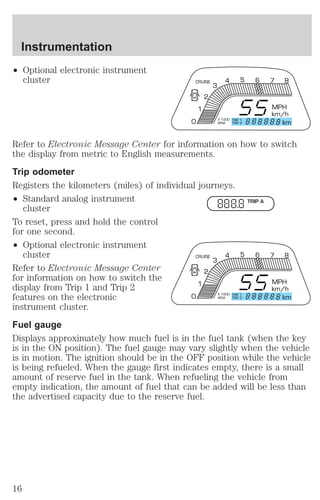² Optional electronic instrument 
cluster 
CRUISE 
4 5 6 7 8 
MPH 
km/h 
1 
2 
3 
X 1000 
RPM 
0 TRIP 1 
TRIP 2 
km 
Refer to Electronic Message Center for information on how to switch 
the display from metric to English measurements. 
Trip odometer 
Registers the kilometers (miles) of individual journeys. 
² Standard analog instrument 
cluster 
To reset, press and hold the control 
for one second. 
² Optional electronic instrument 
cluster 
TRIP A 
CRUISE 
3 
4 5 6 7 8 
Refer to Electronic Message Center 
2 
for information on how to switch the 
display from Trip 1 and Trip 2 
1 
MPH 
km/h 
features on the electronic 
0 X 1000 
TRIP 1 
RPM 
TRIP 2 
km 
instrument cluster. 
Fuel gauge 
Displays approximately how much fuel is in the fuel tank (when the key 
is in the ON position). The fuel gauge may vary slightly when the vehicle 
is in motion. The ignition should be in the OFF position while the vehicle 
is being refueled. When the gauge first indicates empty, there is a small 
amount of reserve fuel in the tank. When refueling the vehicle from 
empty indication, the amount of fuel that can be added will be less than 
the advertised capacity due to the reserve fuel. 
Instrumentation 
16 
 