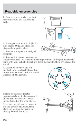 1. Park on a level surface, activate 
hazard flashers and set parking 
brake. 
2. Place gearshift lever in P (Park), 
turn engine OFF, and block the 
diagonally opposite wheel. 
3. Remove the spare tire and jack 
assembly. 
4. Remove the center ornament or 
wheel cover from the wheel with the tapered end of the jack handle that 
came with your vehicle. Insert and twist the handle, then pry against the 
wheel. 
5. Loosen each wheel lug nut 
one-half turn counterclockwise but 
do not remove them until the wheel 
is raised off the ground. 
Jacking notches are located 
approximately six inches rearward 
of the front wheels and twelve 
inches foward of the rear wheels. 
6. Locate the jack notch closest to 
the tire you are changing, then 
place the jack on the frame rail 
directly behind the notch. 
PUSH 
TO 
RELEASE 
Roadside emergencies 
178 
 