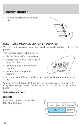 ² Optional electronic instrument 
cluster 
H 
M 
A 
L 
C 
N 
O 
R 
ELECTRONIC MESSAGE CENTER (IF EQUIPPED) 
The electronic message center only works when the ignition is in the ON 
position. 
The message center allows you to: 
² display the outside temperature. 
² change your gauges from English 
to metric units. 
² monitor the instantaneous fuel 
economy. 
² monitor the average fuel 
economy. 
°F °C 
MILES/GAL 
L/100 km 
MILES km 
OUTSIDE TEMP 
INST ECONOMY 
AVG ECONOMY 
TO EMPTY 
² see how many kilometers/miles you can drive before running out of 
fuel. 
You can select different features for the message center to display by 
using the message center controls located to the left of the instrument 
panel. 
Selectable features 
SELECT 
Press this control to select the 
following features: 
RESET ENG / MET TRIP / RST 
SELECT OD / TRIP 
Instrumentation 
18 
 