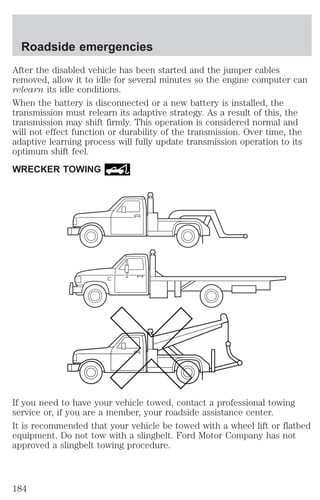 Roadside emergencies 
After the disabled vehicle has been started and the jumper cables 
removed, allow it to idle for several minutes so the engine computer can 
relearn its idle conditions. 
When the battery is disconnected or a new battery is installed, the 
transmission must relearn its adaptive strategy. As a result of this, the 
transmission may shift firmly. This operation is considered normal and 
will not effect function or durability of the transmission. Over time, the 
adaptive learning process will fully update transmission operation to its 
optimum shift feel. 
WRECKER TOWING 
If you need to have your vehicle towed, contact a professional towing 
service or, if you are a member, your roadside assistance center. 
It is recommended that your vehicle be towed with a wheel lift or flatbed 
equipment. Do not tow with a slingbelt. Ford Motor Company has not 
approved a slingbelt towing procedure. 
184 
 