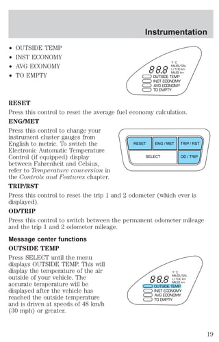² OUTSIDE TEMP 
² INST ECONOMY 
² AVG ECONOMY 
² TO EMPTY 
Instrumentation 
°F °C 
MILES/GAL 
L/100 km 
MILES km 
OUTSIDE TEMP 
INST ECONOMY 
AVG ECONOMY 
TO EMPTY 
RESET 
Press this control to reset the average fuel economy calculation. 
ENG/MET 
Press this control to change your 
instrument cluster gauges from 
English to metric. To switch the 
RESET ENG / MET TRIP / RST 
Electronic Automatic Temperature 
Control (if equipped) display 
SELECT OD / TRIP 
between Fahrenheit and Celsius, 
refer to Temperature conversion in 
the Controls and Features chapter. 
TRIP/RST 
Press this control to reset the trip 1 and 2 odometer (which ever is 
displayed). 
OD/TRIP 
Press this control to switch between the permanent odometer mileage 
and the trip 1 and 2 odometer mileage. 
Message center functions 
OUTSIDE TEMP 
Press SELECT until the menu 
displays OUTSIDE TEMP. This will 
display the temperature of the air 
°F °C 
outside of your vehicle. The 
MILES/GAL 
L/100 km 
accurate temperature will be 
MILES km 
OUTSIDE TEMP 
displayed after the vehicle has 
INST ECONOMY 
reached the outside temperature 
AVG ECONOMY 
TO EMPTY 
and is driven at speeds of 48 km/h 
(30 mph) or greater. 
19 
 