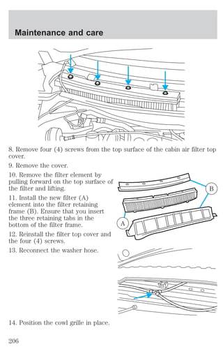 8. Remove four (4) screws from the top surface of the cabin air filter top 
cover. 
9. Remove the cover. 
10. Remove the filter element by 
pulling forward on the top surface of 
the filter and lifting. 
11. Install the new filter (A) 
element into the filter retaining 
frame (B). Ensure that you insert 
the three retaining tabs in the 
bottom of the filter frame. 
12. Reinstall the filter top cover and 
the four (4) screws. 
13. Reconnect the washer hose. 
14. Position the cowl grille in place. 
A 
B 
Maintenance and care 
206 
 
