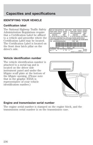 Capacities and specifications 
IDENTIFYING YOUR VEHICLE 
Certification label 
The National Highway Traffic Safety 
Administration Regulations require 
that a Certification Label be affixed 
to a vehicle and prescribe where the 
Certification Label may be located. 
The Certification Label is located on 
the front door latch pillar on the 
driver’s side. 
Vehicle identification number 
The vehicle identification number is 
attached to a metal tag and is 
located on the driver side 
instrument panel and under the 
liftgate scuff plate at the bottom of 
the liftgate opening. (Please note 
that in the graphic XXXX is 
representative of your vehicle 
identification number.) 
MFD. BY FORD MOTOR CO. DATE: XX/XX GVWR: XXXXLB/ XXXXKG 
FRONT GAWR: XXXXLB/ XXXXKG 
WITH PXXX/XXXXXXX TIRES 
XXXX.XXX RIMS 
AT XX PSI/ XXX kPa COLD SINGLE 
REAR GAWR: XXXXLB/ XXXXKG 
WITH PXXX/XXXXXXX TIRES 
XXXX.XXX RIMS 
AT XX PSI/ XXX kPa COLD SINGLE 
THIS VEHICLE CONFORMS TO ALL APPLICABLE FEDERAL MOTOR VEHICLE 
SAFETY STANDARDS IN EFFECT ON THE DATE OF MANUFACTURE SHOWN ABOVE. 
VIN: XXXXXXXXXXXXXXXXX TYPE: XXX 
EXT PAINT COLORS: XX XX RC: XX DSO: 
G DRK R AXLE 
XXX X X X 
INT TR TR SPR FOXXX 
XX XX XXXXX 
UVU f XXX-XXXXXXX-XX 
Engine and transmission serial number 
The engine serial number is stamped on the engine block, and the 
transmission serial number is on the transmission case. 
TOXXX 
TP/PS 
XXXXXXXXXXXXXXXXX 
236 
 