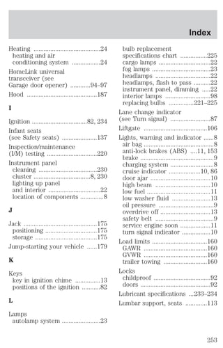 Heating ........................................24 
heating and air 
conditioning system .................24 
HomeLink universal 
transceiver (see 
Garage door opener) ............94–97 
Hood ..........................................187 
I 
Ignition .................................82, 234 
Infant seats 
(see Safety seats) .....................137 
Inspection/maintenance 
(I/M) testing ..............................220 
Instrument panel 
cleaning ...................................230 
cluster ..................................8, 230 
lighting up panel 
and interior ...............................22 
location of components ..............8 
J 
Jack ............................................175 
positioning ...............................175 
storage .....................................175 
Jump-starting your vehicle ......179 
K 
Keys 
key in ignition chime ...............13 
positions of the ignition ...........82 
L 
Lamps 
autolamp system .......................23 
Index 
bulb replacement 
specifications chart ................225 
cargo lamps ...............................22 
fog lamps ...................................23 
headlamps .................................22 
headlamps, flash to pass ..........22 
instrument panel, dimming .....22 
interior lamps ...........................98 
replacing bulbs ...............221–225 
Lane change indicator 
(see Turn signal) ........................87 
Liftgate ......................................106 
Lights, warning and indicator ......8 
air bag ..........................................8 
anti-lock brakes (ABS) ....11, 153 
brake ............................................9 
charging system ..........................8 
cruise indicator ...................10, 86 
door ajar ....................................10 
high beam .................................10 
low fuel ......................................11 
low washer fluid .......................13 
oil pressure .................................9 
overdrive off ..............................13 
safety belt ...................................9 
service engine soon ..................11 
turn signal indicator .................10 
Load limits .................................160 
GAWR ......................................160 
GVWR ......................................160 
trailer towing ..........................160 
Locks 
childproof ..................................92 
doors ..........................................92 
Lubricant specifications ...233–234 
Lumbar support, seats .............113 
253 
 