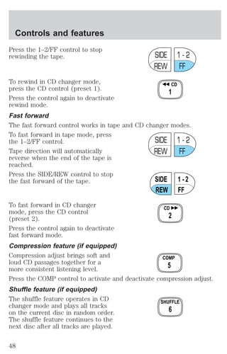 Press the 1–2/FF control to stop 
rewinding the tape. 
SIDE 
REW FF 
1 - 2 
To rewind in CD changer mode, 
CD 
press the CD control (preset 1). 
1 
Press the control again to deactivate 
rewind mode. 
Fast forward 
The fast forward control works in tape and CD changer modes. 
To fast forward in tape mode, press 
the 1–2/FF control. 
SIDE 
1 - 2 
Tape direction will automatically 
REW FF 
reverse when the end of the tape is 
reached. 
Press the SIDE/REW control to stop 
the fast forward of the tape. 
SIDE 
REW FF 
1 - 2 
To fast forward in CD changer 
CD 
mode, press the CD control 
(preset 2). 
2 
Press the control again to deactivate 
fast forward mode. 
Compression feature (if equipped) 
Compression adjust brings soft and 
COMP 
loud CD passages together for a 
5 
more consistent listening level. 
Press the COMP control to activate and deactivate compression adjust. 
Shuffle feature (if equipped) 
The shuffle feature operates in CD 
SHUFFLE 
changer mode and plays all tracks 
on the current disc in random order. 
6 
The shuffle feature continues to the 
next disc after all tracks are played. 
Controls and features 
48 
 