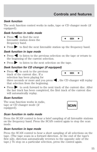 Controls and features 
Seek function 
The seek function control works in radio, tape or CD changer mode (if 
equipped). 
Seek function in radio mode 
² Press to find the next 
listenable station down the 
frequency band. 
SEEK 
² Press to find the next listenable station up the frequency band. 
Seek function in tape mode 
² Press to listen to the previous selection on the tape or return to 
the beginning of the current selection. 
² Press to listen to the next selection on the tape. 
Seek function for CD changer (if equipped) 
² Press to seek to the previous 
SEEK 
track of the current disc. If a 
selection has been playing for 
three seconds or more and you press , the CD changer will replay 
that selection from the beginning. 
² Press to seek forward to the next track of the current disc. After 
the last track has been completed, the first track of the current disc 
will automatically replay. 
Scan function 
The scan function works in radio, 
tape or CD changer mode (if 
SCAN 
equipped). 
Scan function in radio mode 
Press the SCAN control to hear a brief sampling of all listenable stations 
on the frequency band. Press the SCAN control again to stop the scan 
mode. 
Scan function in tape mode 
Press the SCAN control to hear a short sampling of all selections on the 
tape. (The tape scans in a forward direction. At the end of the tape’s 
first side, direction automatically reverses to the opposite side of the 
tape.) To stop on a particular selection, press the control again. 
55 
 