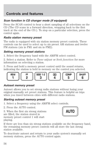 Scan function in CD changer mode (if equipped) 
Press the SCAN control to hear a short sampling of all selections on the 
CD (The CD scans in a forward direction, wrapping back to the first 
track at the end of the CD.). To stop on a particular selection, press the 
control again. 
Radio station memory preset 
The radio is equipped with six station memory preset controls. These 
controls can be used to select up to six preset AM stations and twelve 
FM stations (six in FM1 and six in FM2). 
Setting memory preset stations 
1. Select the frequency band with the AM/FM select control. 
2. Select a station. Refer to Tune adjust or Seek function for more 
information on selecting a station. 
3. Press and hold a memory preset control until the sound returns, 
indicating the station is held in memory on the control you selected. 
REW 
1 
FF 
2 
SIDE 1.2 
3 4 
COMP 
5 
SHUFF 
6 
Autoset memory preset 
Autoset allows you to set strong radio stations without losing your 
original manually set preset stations. This feature is helpful on trips 
when you travel between cities with different radio stations. 
Starting autoset memory preset 
1. Select a frequency using the AM/FM select controls. 
2. Press the AUTO control. 
3. When the first six strong stations 
AUTO 
are filled, the station stored in 
memory preset control 1 will start 
playing. 
If there are less than six strong stations available on the frequency band, 
the remaining memory preset controls will all store the last strong 
station available. 
To deactivate autoset and return to your audio system’s manually set 
memory stations, press the AUTO control again. 
Controls and features 
56 
 