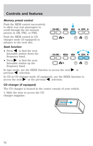 Controls and features 
Memory preset control 
Push the MEM control successively 
to allow rear seat passengers to 
scroll through the six memory 
presets in AM, FM1, or FM2. 
Push the MEM control in CD 
changer mode (if equipped) to 
advance to the next disc. 
Seek function 
² Press to find the next 
listenable station down the 
frequency band. 
² Press to find the next 
listenable station up the 
frequency band. 
VOLUME MEDIA MEM SEEK 
VOLUME MEDIA MEM SEEK 
In tape mode, use the SEEK function to access the next or 
previous selection. 
In CD or CD changer mode (if equipped), use the SEEK function to 
access the next or the previous selection. 
CD changer (if equipped) 
The CD changer is located in the center console of your vehicle. 
1. Slide the door to access the CD 
changer magazine. 
76 
 
