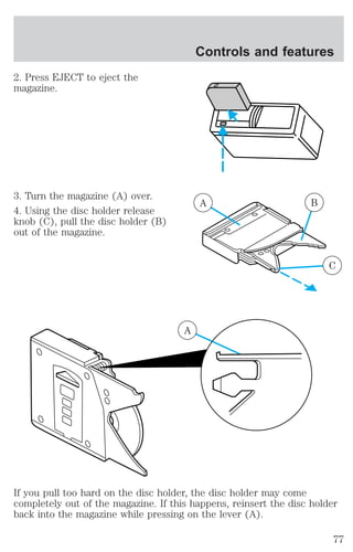 2. Press EJECT to eject the 
magazine. 
3. Turn the magazine (A) over. 
4. Using the disc holder release 
knob (C), pull the disc holder (B) 
out of the magazine. 
Controls and features 
A B 
C 
A 
If you pull too hard on the disc holder, the disc holder may come 
completely out of the magazine. If this happens, reinsert the disc holder 
back into the magazine while pressing on the lever (A). 
77 
 