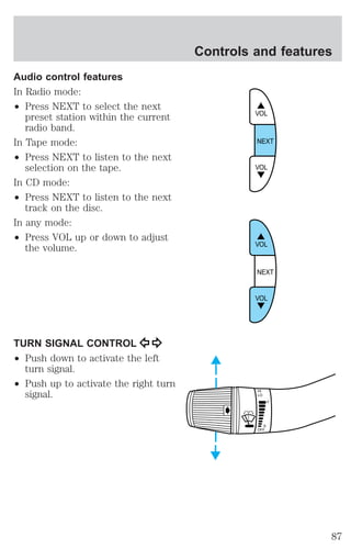 Audio control features 
In Radio mode: 
² Press NEXT to select the next 
preset station within the current 
radio band. 
In Tape mode: 
² Press NEXT to listen to the next 
selection on the tape. 
In CD mode: 
² Press NEXT to listen to the next 
track on the disc. 
In any mode: 
² Press VOL up or down to adjust 
the volume. 
TURN SIGNAL CONTROL 
² Push down to activate the left 
turn signal. 
² Push up to activate the right turn 
signal. 
Controls and features 
VOL 
NEXT 
VOL 
VOL 
NEXT 
VOL 
HI 
LO 
F 
S 
OFF 
87 
 