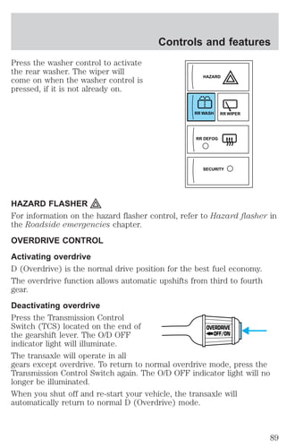 Press the washer control to activate 
the rear washer. The wiper will 
come on when the washer control is 
pressed, if it is not already on. 
Controls and features 
HAZARD 
RR WASH RR WIPER 
RR DEFOG 
SECURITY 
HAZARD FLASHER 
For information on the hazard flasher control, refer to Hazard flasher in 
the Roadside emergencies chapter. 
OVERDRIVE CONTROL 
Activating overdrive 
D (Overdrive) is the normal drive position for the best fuel economy. 
The overdrive function allows automatic upshifts from third to fourth 
gear. 
Deactivating overdrive 
Press the Transmission Control 
Switch (TCS) located on the end of 
OVERDRIVE 
the gearshift lever. The O/D OFF 
OFF/ON 
indicator light will illuminate. 
The transaxle will operate in all 
gears except overdrive. To return to normal overdrive mode, press the 
Transmission Control Switch again. The O/D OFF indicator light will no 
longer be illuminated. 
When you shut off and re-start your vehicle, the transaxle will 
automatically return to normal D (Overdrive) mode. 
89 
 