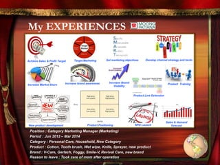 My EXPERIENCES
Position : Category Marketing Manager (Marketing)
Period : Jun 2012 – Mar 2014
Category : Personal Care, Household, New Category
Product : Cotton, Tooth brush, Wet wipe, Knife, Sprayer, new product
Brand : V-Care, Gerlach, Foggy, Smile-V, Revival Care, new brand
Reason to leave : Took care of mom after operation
New product development
Set marketing objectivesTarget Marketing
Product Line Extension
Achieve Sales & Profit Target Develop channel strategy and tactic
Sales & demand
forecast
Increase Market Share Increase brand awareness
NPD LaunchProduct Positioning
Increase Brand
Visibility
Product Training
 