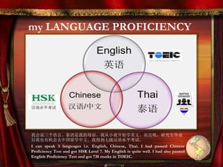 my LANGUAGE PROFICIENCY
我会说三个语言。泰语是我的母语。我从小就开始学英文。而且呢，研究生毕业
后我也有机会去中国留学中文。我得到七级汉语水平考试。
I can speak 3 languages i.e. English, Chinese, Thai. I had passed Chinese
Proficiency Test and got HSK Level 7. My English is quite well. I had also passed
English Proficiency Test and got 730 marks in TOEIC.
 