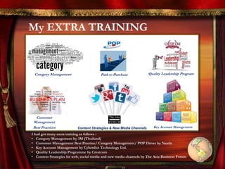 My EXTRA TRAINING
Category Management Path to Purchase
Customer
Management
Best Practices
Quality Leadership Program
Content Strategies & New Media Channels Key Account Management
I had got many extra training as follows :
• Category Management by 3M (Thailand)
• Customer Management Best Practice/ Category Management/ POP Driver by Nestle
• Key Account Management by Cyberdict Technology Ltd.
• Quality Leadership Programme by Crestcom
• Content Strategies for web, social media and new media channels by The Asia Business Forum
 