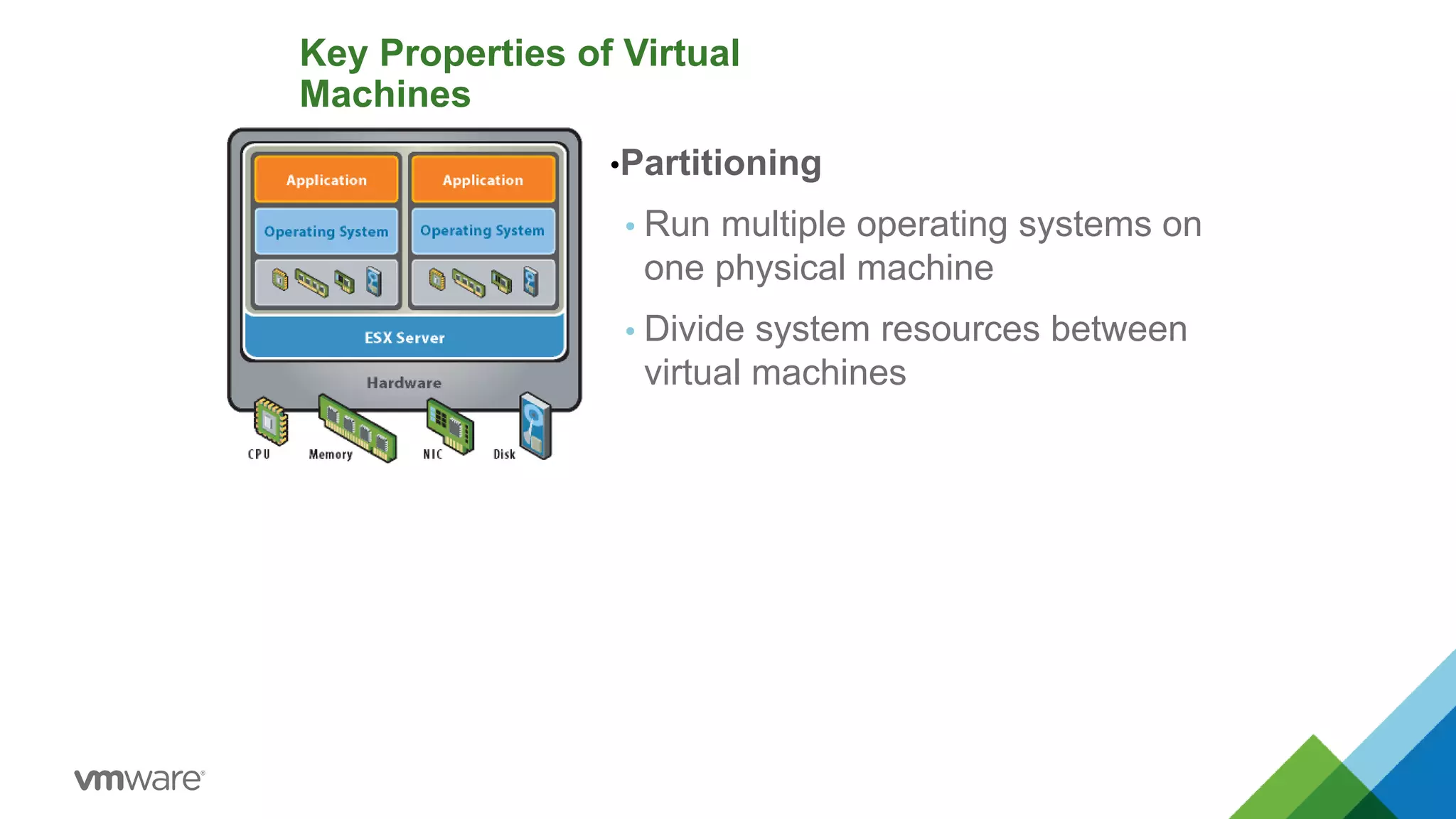 Key Properties of Virtual
Machines
•Partitioning
 Run multiple operating systems on
one physical machine
 Divide system resources between
virtual machines
 