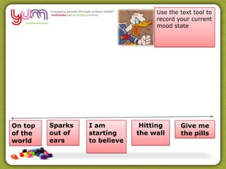 Give me
the pills
I am
starting
to believe
Sparks
out of
ears
Hitting
the wall
Use the text tool to
record your current
mood state
On top
of the
world
 