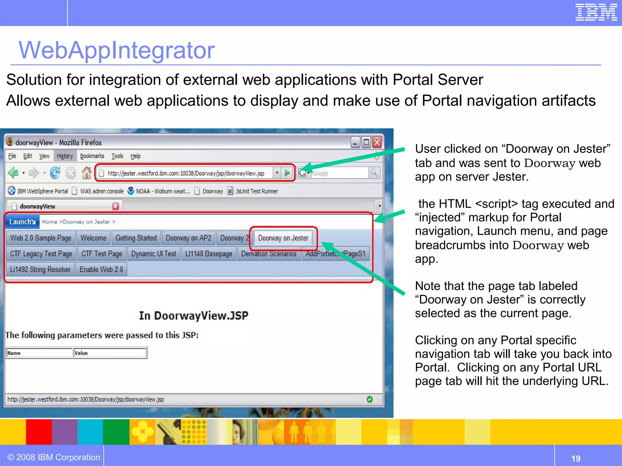 WebAppIntegrator
Solution for integration of external web applications with Portal Server
Allows external web applications to display and make use of Portal navigation artifacts


                                                           • User clicked on “Doorway on Jester”
                                                             tab and was sent to Doorway web
                                                             app on server Jester.

                                                           • the HTML <script> tag executed and
                                                            “injected” markup for Portal
                                                            navigation, Launch menu, and page
                                                            breadcrumbs into Doorway web
                                                            app.

                                                           • Note that the page tab labeled
                                                             “Doorway on Jester” is correctly
                                                             selected as the current page.

                                                           • Clicking on any Portal specific
                                                             navigation tab will take you back into
                                                             Portal. Clicking on any Portal URL
                                                             page tab will hit the underlying URL.




© 2008 IBM Corporation                                                                     19
 