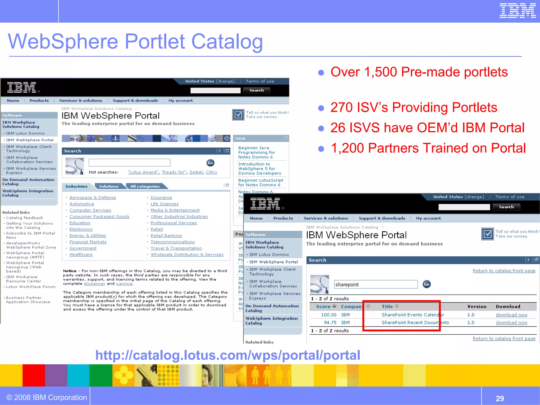WebSphere Portlet Catalog
                                                            ● Over 1,500 Pre-made portlets

                                                            ● 270 ISV’s Providing Portlets
                                                            ● 26 ISVS have OEM’d IBM Portal
                                                            ● 1,200 Partners Trained on Portal




                         http://catalog.lotus.com/wps/portal/portal

© 2008 IBM Corporation                                                                   29
 
