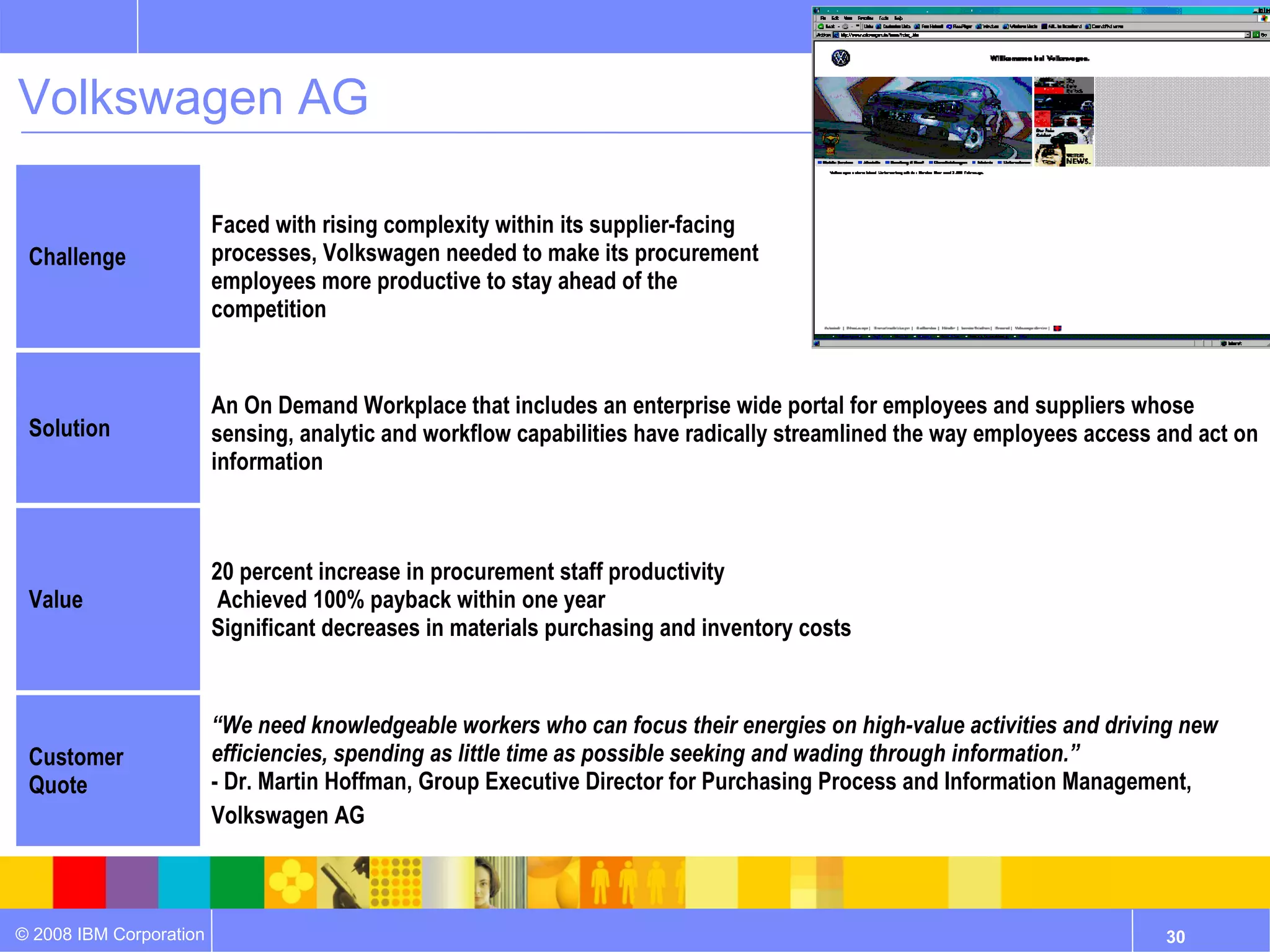 Volkswagen AG

                         Faced with rising complexity within its supplier-facing
 Challenge               processes, Volkswagen needed to make its procurement
                         employees more productive to stay ahead of the
                         competition


                         An On Demand Workplace that includes an enterprise wide portal for employees and suppliers whose
 Solution                sensing, analytic and workflow capabilities have radically streamlined the way employees access and act on
                         information



                         20 percent increase in procurement staff productivity
 Value                    Achieved 100% payback within one year
                         Significant decreases in materials purchasing and inventory costs


                         “We need knowledgeable workers who can focus their energies on high-value activities and driving new
 Customer                efficiencies, spending as little time as possible seeking and wading through information.”
 Quote                   - Dr. Martin Hoffman, Group Executive Director for Purchasing Process and Information Management,
                         Volkswagen AG



© 2008 IBM Corporation                                                                                                   30
 