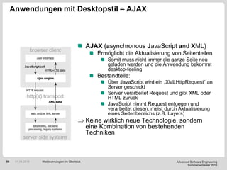 Advanced Software Engineering
Sommersemester 2016
58
Anwendungen mit Desktopstil – AJAX
AJAX (asynchronous JavaScript and ...
