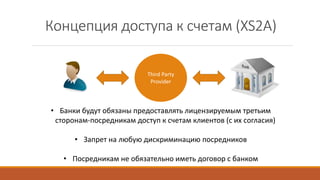 Концепция доступа к счетам (XS2A)
Third Party
Provider
• Банки будут обязаны предоставлять лицензируемым третьим
сторонам-посредникам доступ к счетам клиентов (с их согласия)
• Запрет на любую дискриминацию посредников
• Посредникам не обязательно иметь договор с банком
 