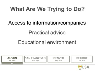 What Are We Trying to Do?
Access to information/companies
Practical advice
Educational environment
 