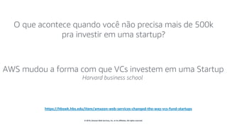 © 2019, Amazon Web Services, Inc. or its affiliates. All rights reserved.
AWS mudou a forma com que VCs investem em uma Startup
Harvard business school
https://hbswk.hbs.edu/item/amazon-web-services-changed-the-way-vcs-fund-startups
O que acontece quando você não precisa mais de 500k
pra investir em uma startup?
 