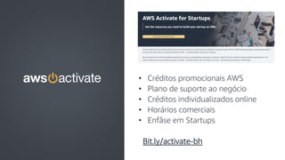 © 2019, Amazon Web Services, Inc. or its affiliates. All rights reserved.
• Créditos promocionais AWS
• Plano de suporte ao negócio
• Créditos individualizados online
• Horários comerciais
• Enfâse em Startups
Bit.ly/activate-bh
 