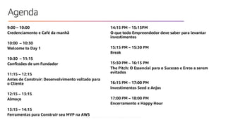 © 2019, Amazon Web Services, Inc. or its affiliates. All rights reserved.
Agenda
9:00 – 10:00
Credenciamento e Café da manhã
10:00 – 10:30
Welcome to Day 1
10:30 – 11:15
Confissões de um Fundador
11:15 – 12:15
Antes de Construir: Desenvolvimento voltado para
o Cliente
12:15 – 13:15
Almoço
13:15 – 14:15
Ferramentas para Construir seu MVP na AWS
14:15 PM – 15:15PM
O que todo Empreendedor deve saber para levantar
investimentos
15:15 PM – 15:30 PM
Break
15:30 PM – 16:15 PM
The Pitch: O Essencial para o Sucesso e Erros a serem
evitados
16:15 PM – 17:00 PM
Investimentos Seed e Anjos
17:00 PM – 18:00 PM
Encerramento e Happy Hour
 
